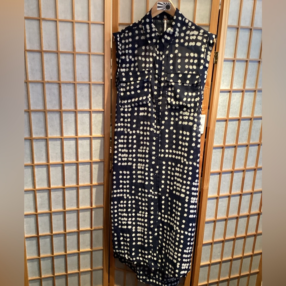 Free People Mercer Street Maxi Shirt Midnight Polka Dot Women's Size Small